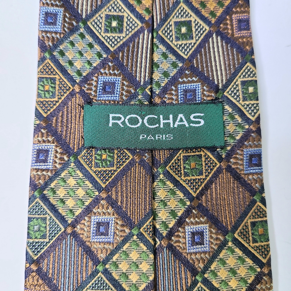 Rochas Paris Green Brown Checkered Graphic Print Woven Silk Tie - Picture 8 of 8